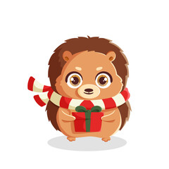 Fototapeta premium Cartoon Hedgehog Wearing A Scarf And Carrying Christmas Gifts Vector Illustration