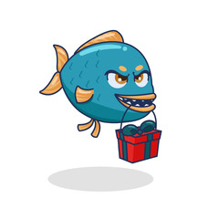 Cartoon Fish Carrying Gifts Vector Illustration