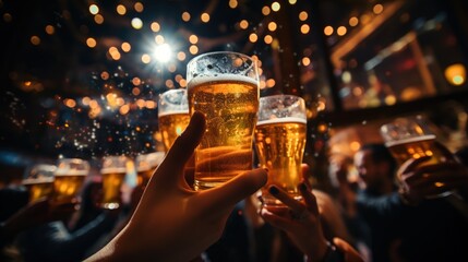 Friends toasting with beer glasses, captured in a lively party scene.