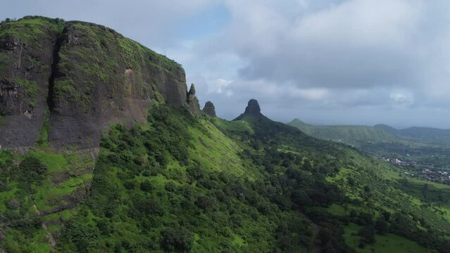 Aerial view of popular and historical tourist attraction Anjaneri Fort during monsoon in Trimbakeshwar, Nashik, Maharashtra, India