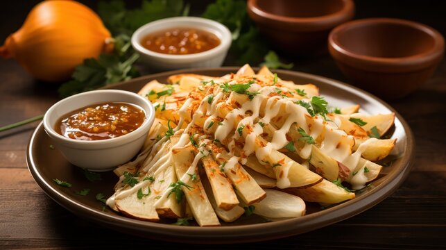Crisp jicama slices served with sauce and honey.