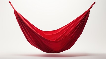  Red fabric hammock swinging against a white background.