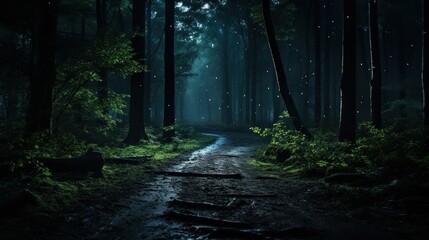 Obraz premium Dark forest scene with a clear path among the trees.