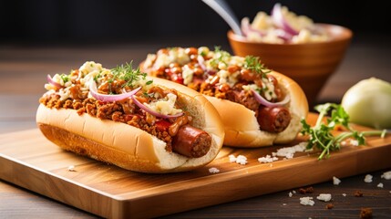 Hot dogs served on a wooden plank over a marble surface, onions in the back.