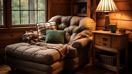 Cozy chair in a cabin-style bedroom interior.
