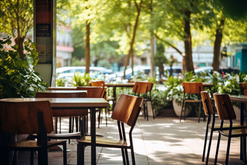 Outdoor table of coffee cafe and reataurant. Summer terrace on city street. Empty outside tables and chairs of outdoor cafe on blur green garden. Cozy outdoor zone cafe and restaurant.