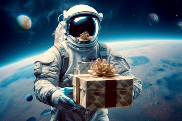 An astronaut holding a gift box on the moon, . Generative AI. - obrazy, fototapety, plakaty