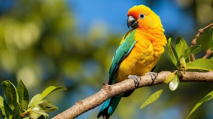 Yellow Parrot Perched on a Branch with Oranges