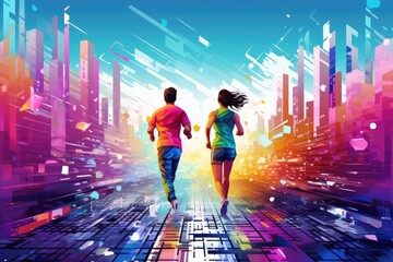 athletic runner person run on futuristic city .generated AI - obrazy, fototapety, plakaty