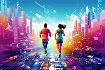 Poster Im Rahmen athletic runner person run on futuristic city .generated AI © Phichitpon