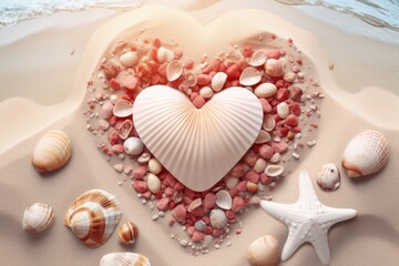Heart shape composition of seashells on sand, flat lay. Generative AI