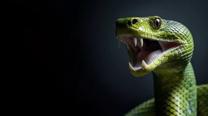 Fotobehang Green snake with open mouth ready to attack isolated on gray background © pariketan