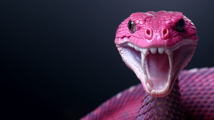Pink snake open mouth ready to attack isolated on gray background