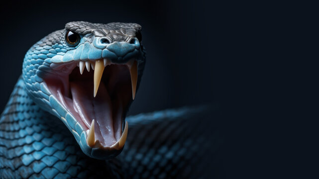 Blue snake with open mouth ready to attack isolated on gray background