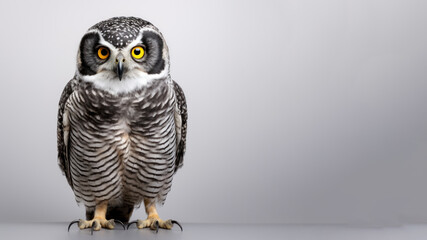 A hawk owl is in an alert position isolated on gray background