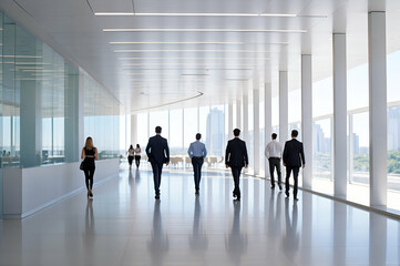 some office people walking inside the bright office building