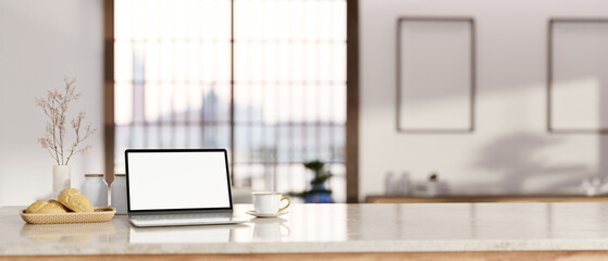 Home workspace, A laptop mockup on a luxury marble table in a modern white living room.
