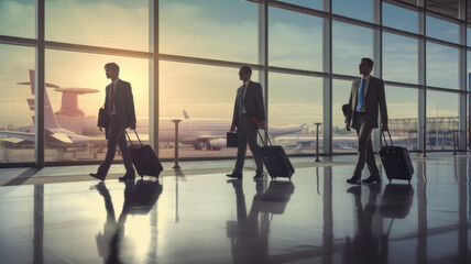 Fototapeta na wymiar Business man Navigate Airport with Pulling Suitcases