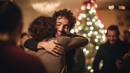 Friends arrive at Christmas party and hug the host