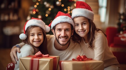 Fototapeta na wymiar Happy family wearing Santa hats smiling with gifts and Christmas tree