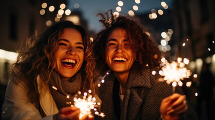 Happy female friends light up the city during Christmas.