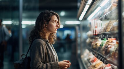 Woman standing and looking at freezer section in supermarket - obrazy, fototapety, plakaty