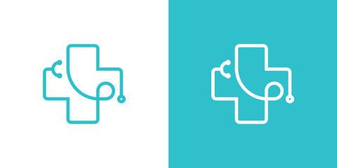 Medical logo design with stethoscope icon and plus sign. - obrazy, fototapety, plakaty