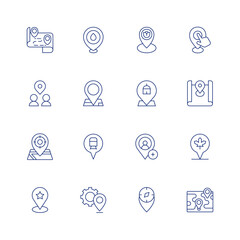 Location line icon set on transparent background with editable stroke. Containing location, map location, location pin, location mark, journey, meeting point, target, add location.