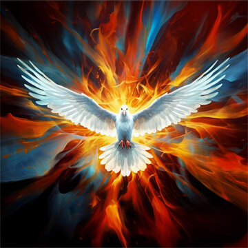 A dove with wings spread in front of a flame, vivid and saturated colors, religious iconography, mural painting.