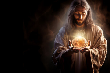 Jesus holds the brain and light, portraying power, wisdom, light, and darkness.