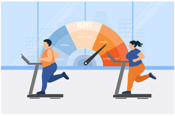 Fat couple control body with BMI body mass index weight control  in exerciseing. Obesity, BMI, body mass index control vector illustration - obrazy, fototapety, plakaty
