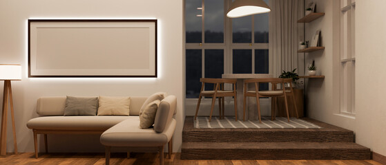 A modern and comfortable living room with a dining area, a cosy sofa, a frame mockup on white wall.