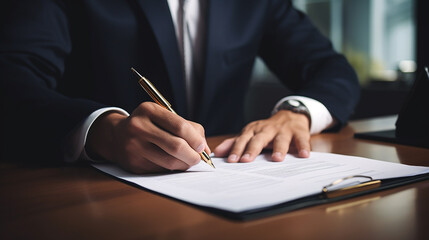 business man signing contract document on office desk