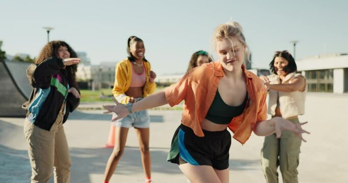 Dancer, outdoor or group dancing with hip hop fashion, cool swag or freestyle for happy celebration. Creative women, friends or gen z girls with energy, freedom or unique talent for wellness at park