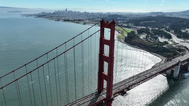 Golden Gate Bridge Aerial At San Francisco In California United States. Downtown City Skyline. Transportation Scenery. Golden Gate Bridge Aerial At San Francisco In California United States. 