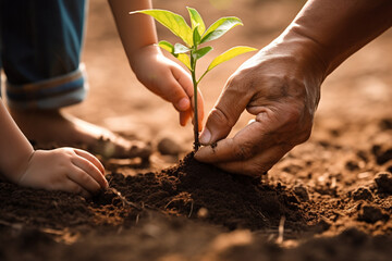 Father and son hands growing young plant on soil.