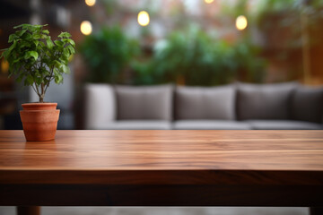 Top of surface wooden table with blurred modern living room background.