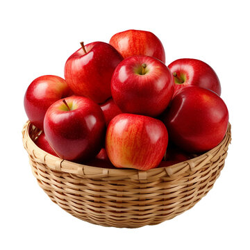 fresh red apple fruit on a bamboo basket, transparent background, isolated image, generative AI