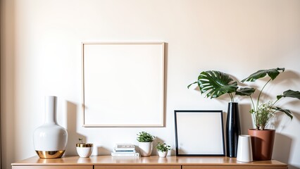 Obraz premium Stylish interior of living room with mock up poster frame, wooden commode, book, leaf in ceramic vase and elegant personal accessories. Minimalist concept of home decor. Template. 