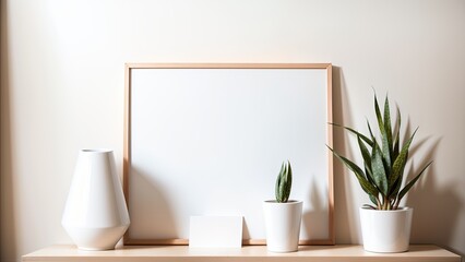 Stylish interior of living room with mock up poster frame, wooden commode, book, leaf in ceramic vase and elegant personal accessories. Minimalist concept of home decor. Template.	
