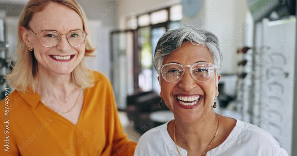 Sticker women, eyewear shopping and lens frame with smile, eyesight and glasses. mirror, retail and friendly