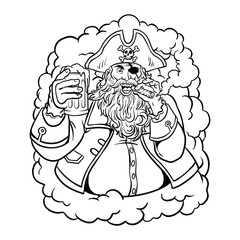 cartoon illustration of a pirate smoking and holding a beer mug. retro pop art comic caricature