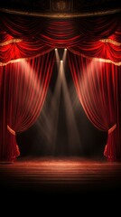 Expansive empty stage, adorned with large red curtains and backdrop, eagerly awaiting performers, setting the scene for an upcoming captivating performance.