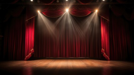 Expansive empty stage, adorned with large red curtains and backdrop, eagerly awaiting performers, setting the scene for an upcoming captivating performance.