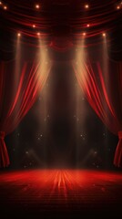 Expansive empty stage, adorned with large red curtains and backdrop, eagerly awaiting performers, setting the scene for an upcoming captivating performance.