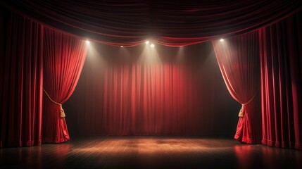 Expansive empty stage, adorned with large red curtains and backdrop, eagerly awaiting performers, setting the scene for an upcoming captivating performance.