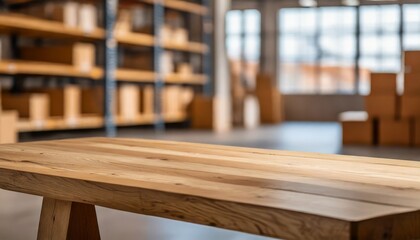 harmonizing with a defocused warehouse setting in the background, Minimalist wooden table with a sleek surface,   lean and professional product display., empty room, 