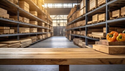 warehouse shelves in warehouse, harmonizing with a defocused warehouse setting in the background, Minimalist wooden table with a sleek surface,   lean and professional product display., empty room, 