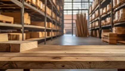 old warehouse,  Montage-ready wooden table, uncluttered and inviting, complemented by a softly blurred warehouse environment, versatile product display setup