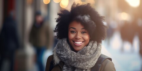 beautiful African American girl in winter coat smiling and laughing, generative AI